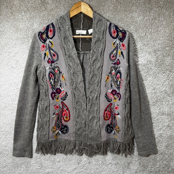 Anthropologie Sleeping On Snow Folklore Embroidered Fringe Cardigan Gray - Picture 3 of 12